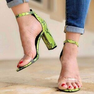 Women's Neon Snakeskin Ankle Strap Chunky‎ Heel